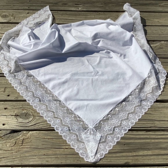Large White Shawl with Lace Orthodox Wedding Headscarf TriangleScarf Solid White - Picture 7 of 11